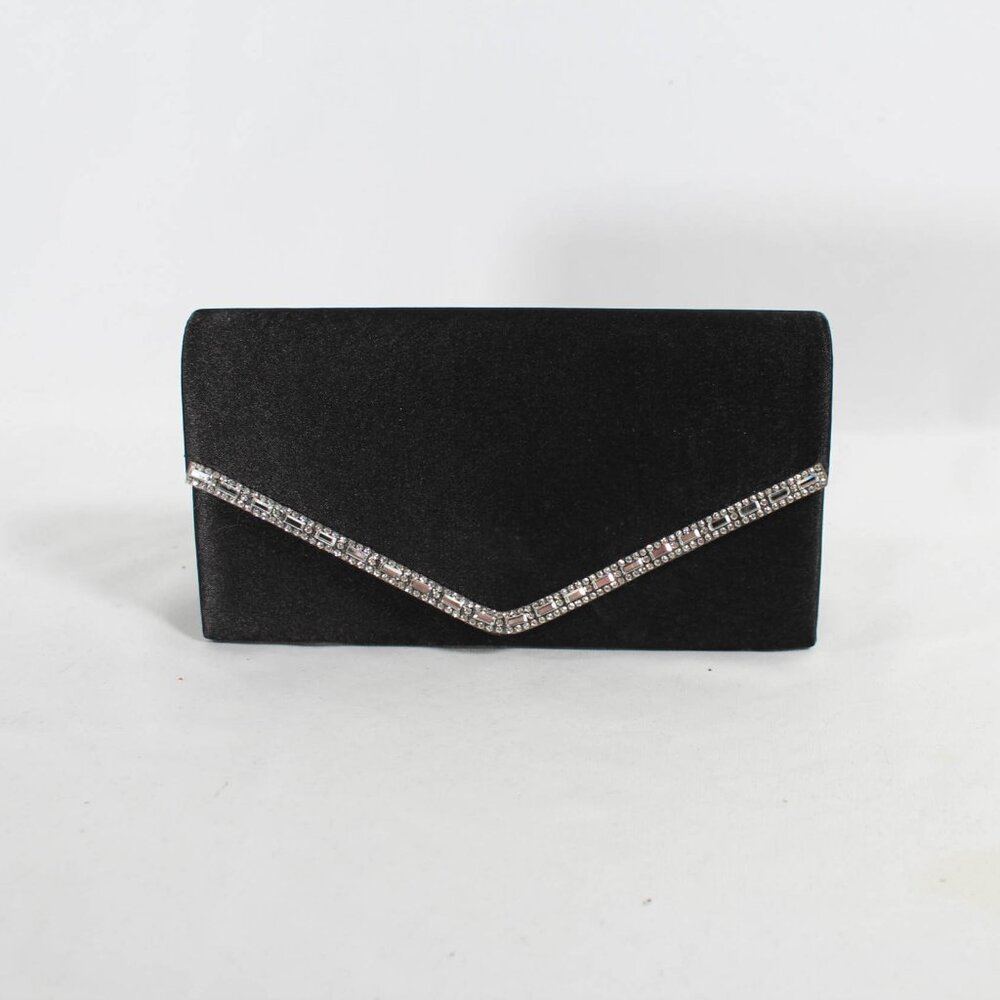 New Black Sateen Evening Clutch Bag with Rhinestone Detailing and Silver Chain